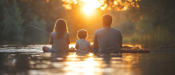 Family enjoying sunset by river.