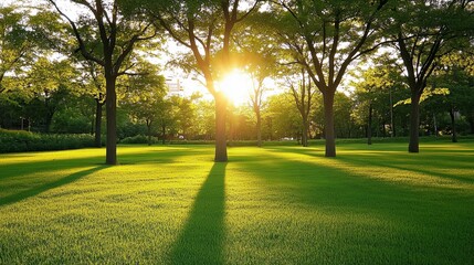 Green grass field lawn background. Vibrant sunny park ideal for themes of spring, earth day or outdoor leisure activities.