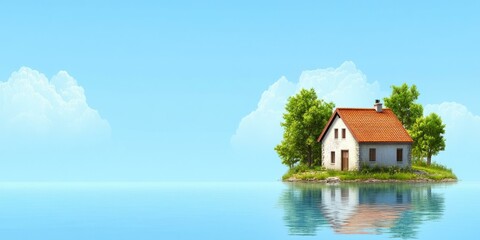 Small house on an island surrounded by ocean water with clear blue sky and green trees