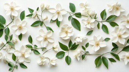 Obraz premium Elegant white floral arrangement with delicate white flowers and green leaves on a soft white background, perfect for minimalist and serene nature-inspired designs, elegant home decor, and wedding inv