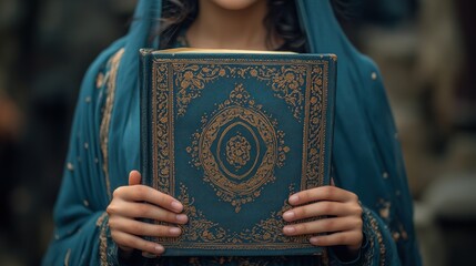 Fototapeta premium Woman holding ancient book, outdoors, blurred background, historical context