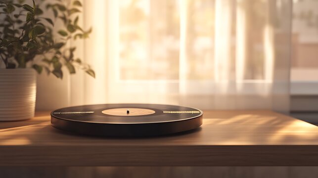 Vinyl record mockup on minimalist table with smooth sleek finish and soft light