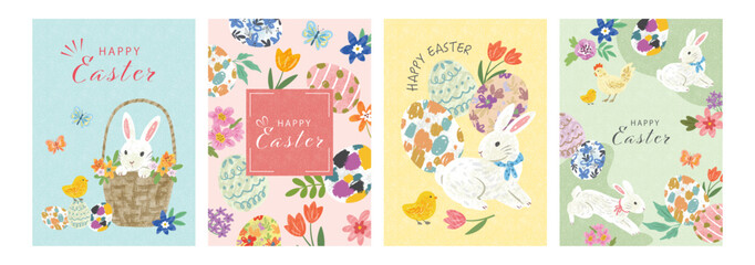 A Hand-Drawn Cute Easter post card design Set. Hand-drawn cute Easter Vector Design for Backgrounds, Banners, and Posters. Easter Egg, Easter rabbit, chicken, chick and Floral Background Illustration.