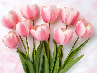 Fototapeta premium Bouquet of pink tulips on a soft pink background in natural light