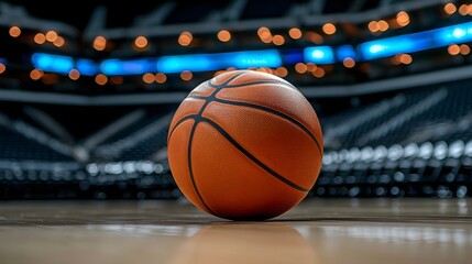 An orange basketball resting on the smooth hardwood floor of an empty basketball stadium ready for the upcoming game or competition to commence