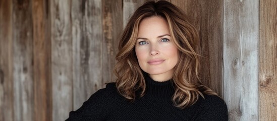 Fototapeta premium Portrait of a Woman with Brown Hair and Blue Eyes, Wearing a Black Sweater Against a Wooden Background