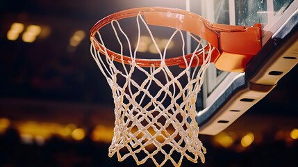 Fototapeta na wymiar Closeup view of a basketball net swaying and swishing after a perfect shot through the hoop during a sports game or competition