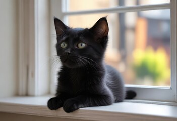 Black kitten stretches languidly on windowsill, windowsill, contented, sunlit