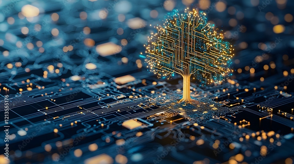 Poster a digitally rendered image depicting a futuristic tree with its branches composed of intricate circu