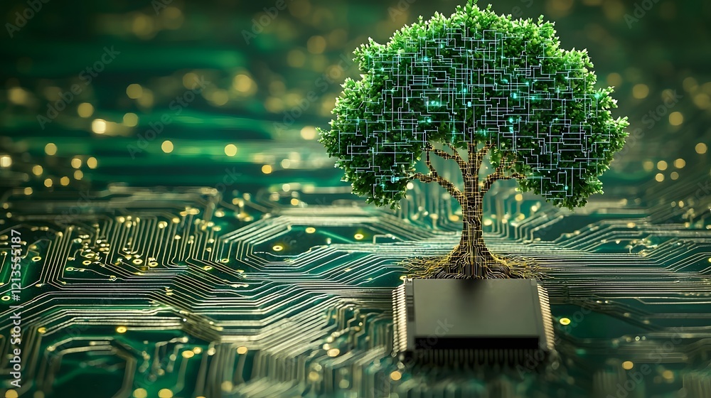 Poster a digital tree with circuit board branches representing the growth and evolution of technology innov