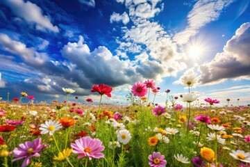 Obraz premium Blooming flowers in a field under a bright blue sky with fluffy white clouds, flowers, sunlight, bees, cloud