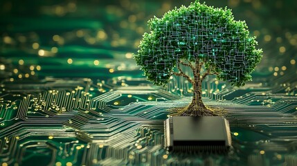 A digital tree with circuit board branches representing the growth and evolution of technology innovation and smart systems  The image conveys the concept of technological progress
