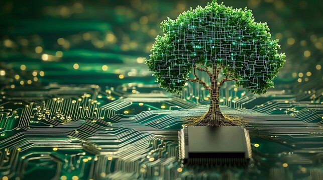 A digital tree with circuit board branches representing the growth and evolution of technology innovation and smart systems  The image conveys the concept of technological progress