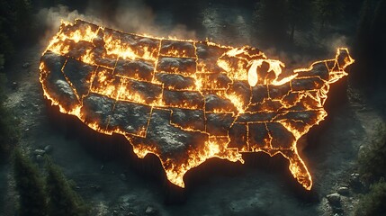 A fiery, 3D rendering depicts the map of the United States engulfed in flames, creating a dramatic and alarming visualization of widespread disaster.