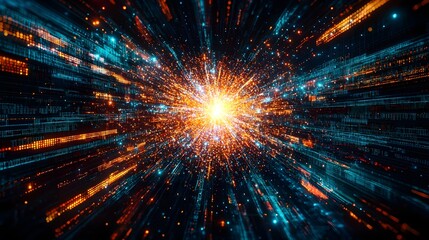 A vibrant and dynamic digital data explosion symbolizing a breakthrough idea or innovative discovery  The colorful burst of light energy and luminous particles represents the power of technology