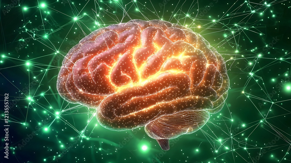Poster glowing brain with luminous connections forming new pathways and synapse networks representing the c