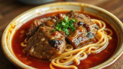 Braised pork belly and noodle casserole in a ceramic dish, comforting casserole, braised pork belly
