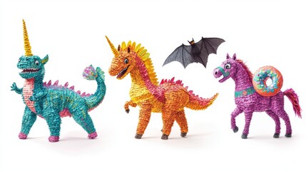 Set of cartoon animal pinatas and bat isolated on white background. Vector illustration of colorful paper accessories in shape of dinosaur, horse, unicorn, star, donut for traditional mexican party