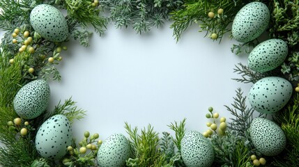 Easter frame design for greeting cards featuring decorative green and yellow ornaments on a white background, creating a festive and elegant composition for holiday celebrations and messages.
