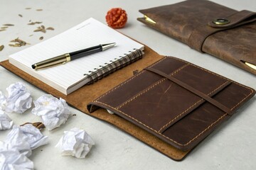 Brown leather journal with pen and paper scattered around, old leather background, leather journal, old writing instrument