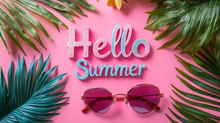Pastel pink and blue wooden letters spelling "Hello Summer" are arranged on a pink background with sunglasses and tropical leaves, creating a cheerful summer greeting.
