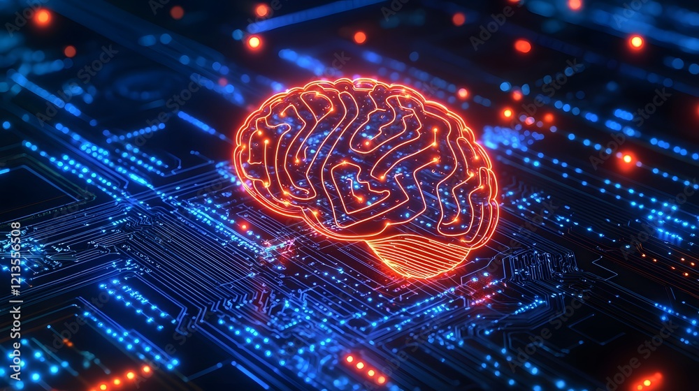 Poster glowing brain shaped circuit board representing technological creativity and innovation digital of a
