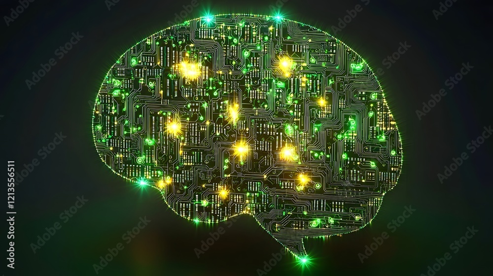 Poster glowing circuit board pattern in the shape of a brain representing the intersection of technology cr