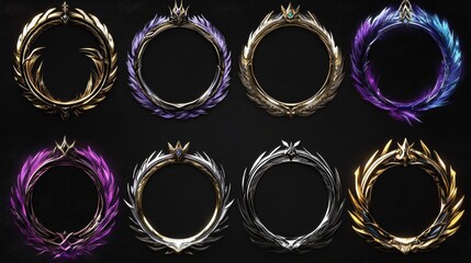 Futuristic frames with feathers and crown for user avatar in game interface. Game ui elements, empty circle frames with glossy gold, silver, purple and blue borders, vector cartoon set