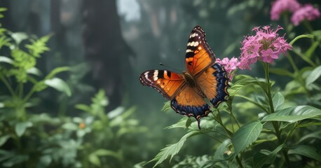 Fototapeta premium Butterfly resting on a flower stem with leaves, foliage, fauna , flora