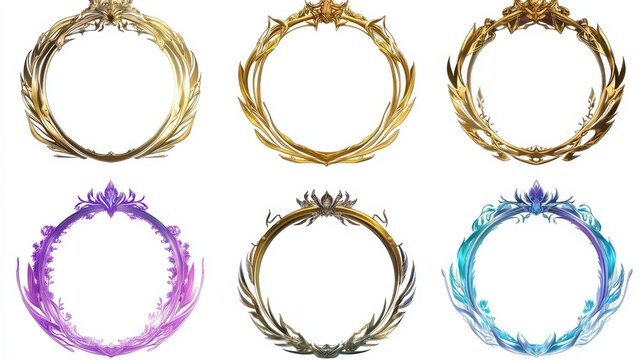 Futuristic frames with feathers and crown for user avatar in game interface. Game ui elements, empty circle frames with glossy gold, silver, purple and blue borders, vector cartoon set
