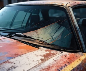 Obraz premium Car with cracked windshield and scratched paint job, abandoned car, cracked windshield, used vehicle