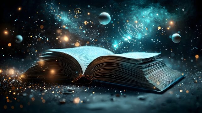 Magical open book with glowing pages depicting iconic physics phenomena such as an apple falling light beams bending through a prism and a pendulum swinging