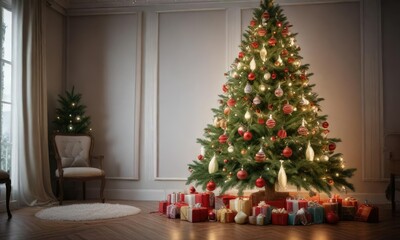 Christmas tree decorated with ornaments and garlands, tree, garlands