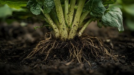 A vibrant plant emerging from the soil its roots spreading wide symbolizing the potential for growth renewal and new beginnings after a period of rest or challenge