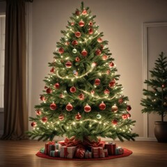 Christmas tree decorated with ornaments and lights, tree, greenery