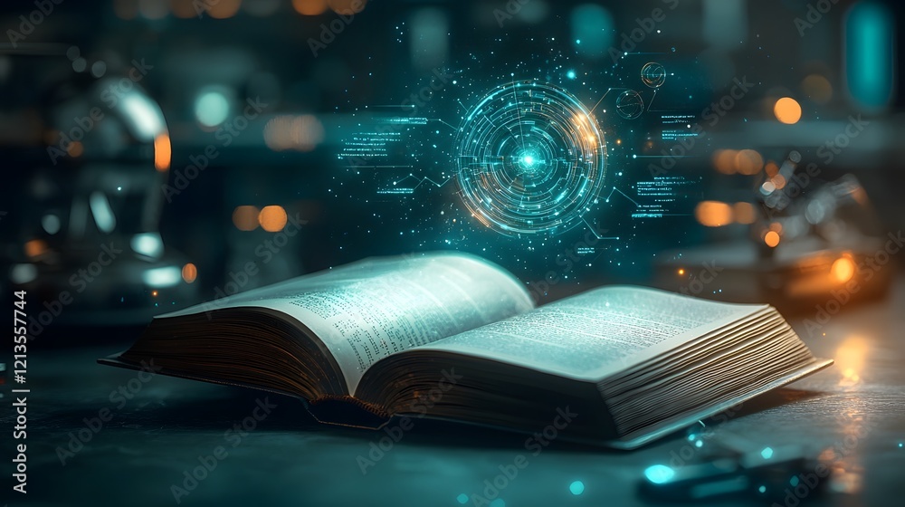 Poster futuristic open book glowing with ethereal light its pages showcasing a laboratory scene with a part