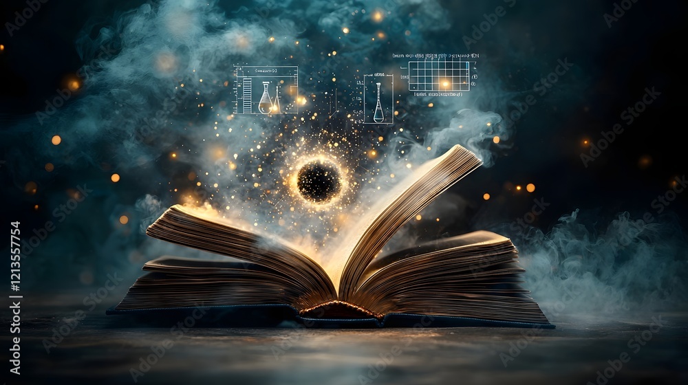 Poster a futuristic open book glowing with ethereal light its pages showcasing a laboratory scene with a pa
