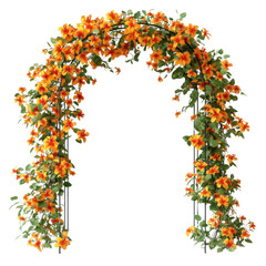 Stunning floral arch features an abundance of bright orange flowers intertwined with lush green leaves. Perfect as a decorative element for events or celebrations