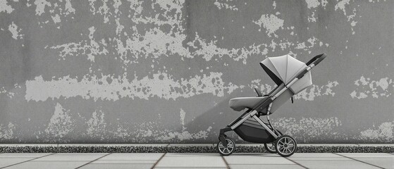 Clean and sleek stroller parked in front of a rough surface wall, sidewalk, modern, pushcart, push