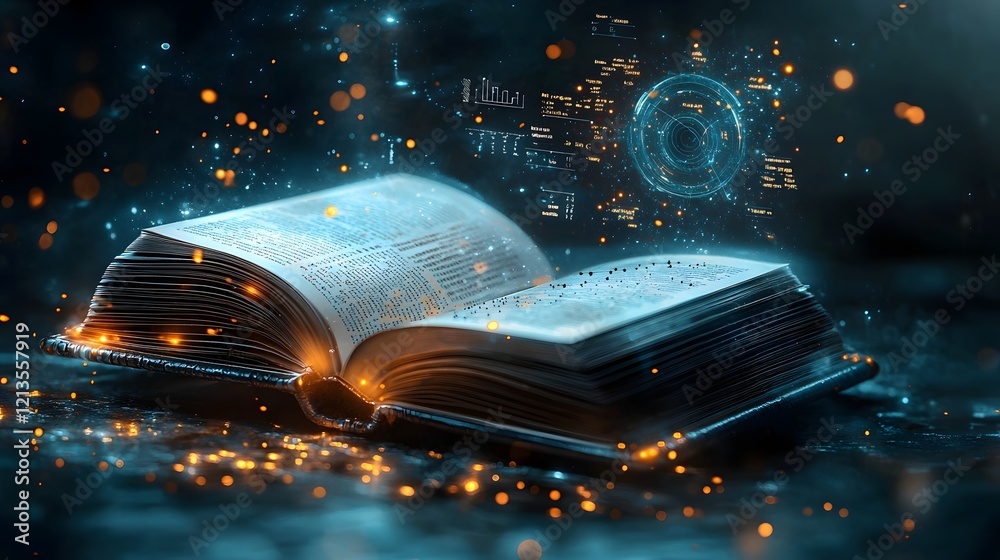 Poster futuristic open book glowing with ethereal light its pages displaying a laboratory scene with a part