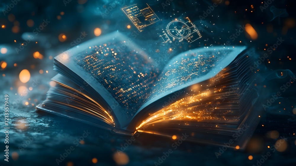 Poster futuristic open book glowing with ethereal light showcasing a laboratory scene with a particle accel