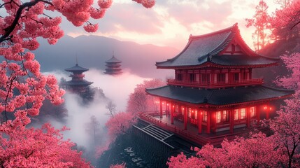 Obraz premium Sunrise over misty mountain temple, cherry blossoms