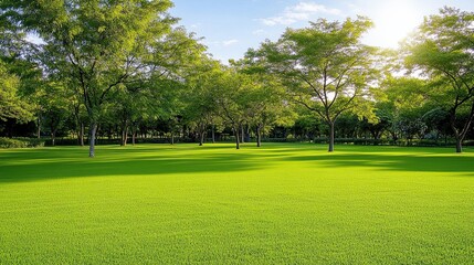 Green grass field lawn background. Vibrant sunny park ideal for themes of spring, earth day or outdoor leisure activities.