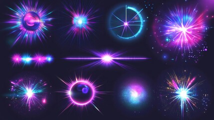 Fototapeta premium Bright light beams, laser rays, neon glow effect. Abstract flares, color flashes of disco ball, party lights with rays isolated on transparent background, vector realistic set