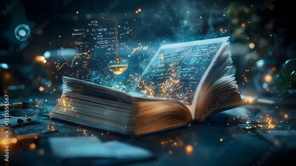 Poster glowing open book transforming into a dynamic physics classroom scene with a chalkboard covered in e