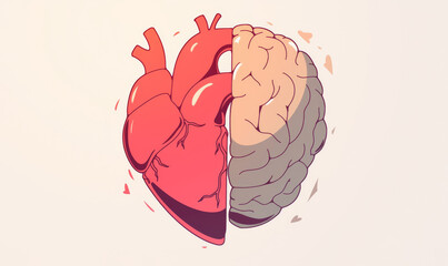 Fototapeta premium Illustration of Half Heart and Half Brain in Balance on a Minimal Background