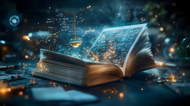 Glowing open book transforming into a dynamic physics classroom scene with a chalkboard covered in equations a swinging pendulum and light reflecting through mirrors