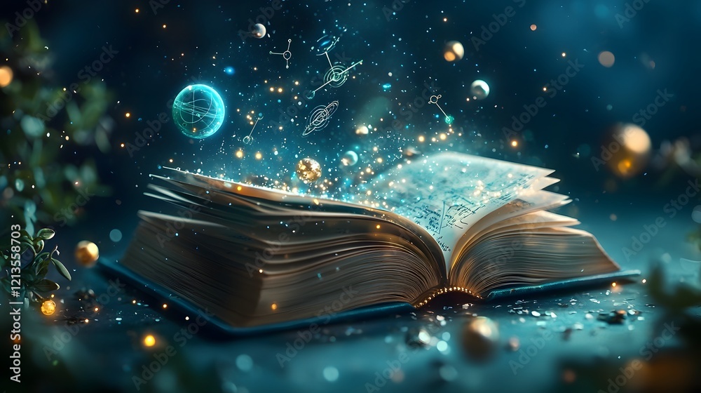 Poster illuminated book projecting a vibrant scene of a physics simulation with moving particles oscillatin