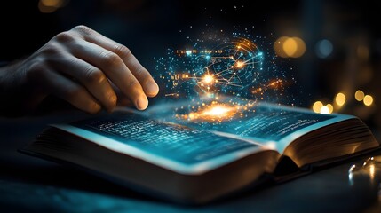 An illuminated book projecting a vibrant scene of a physics simulation with moving particles oscillating springs and gravitational fields  Floating holograms display energy conservation graphs