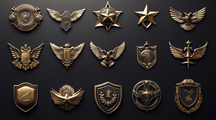 Army rank badges, gold military insignia signs. Game icons of golden, silver and rare emblems. Metal symbols with wings, stars and chevrons, vector cartoon set isolated on background
